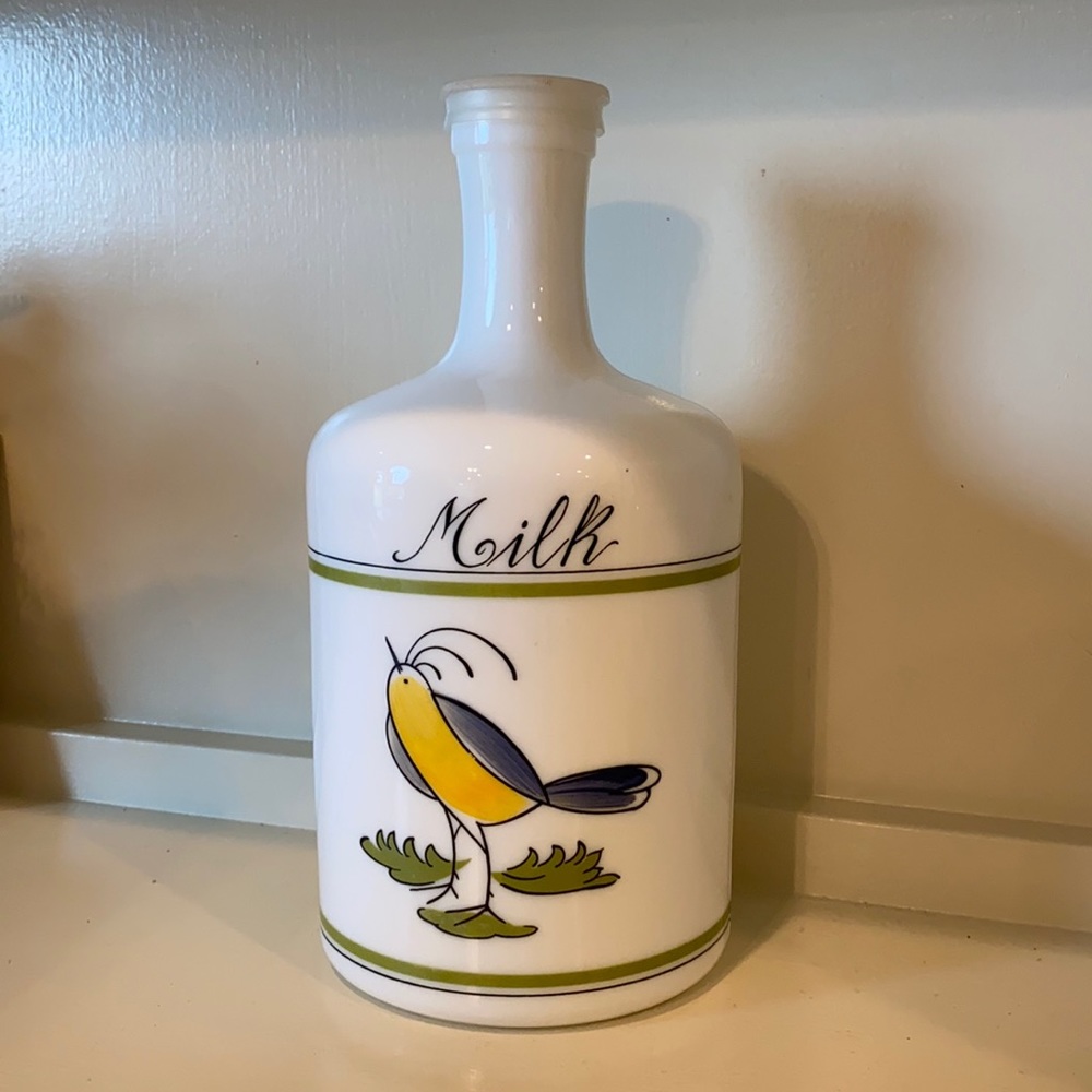 White glass milk bottle jug vase bird design